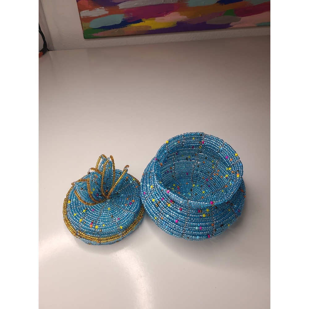 Blue Multicolor Beaded Decorative Container Maximalist - Picture 2 of 5